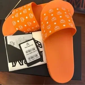 - Mens Monogram Print Rubber Slides Shoes Persimmon Orange/White NIB MCM Monogram Print Rubber Slides Shoes Persimmon Orange  main image 2
